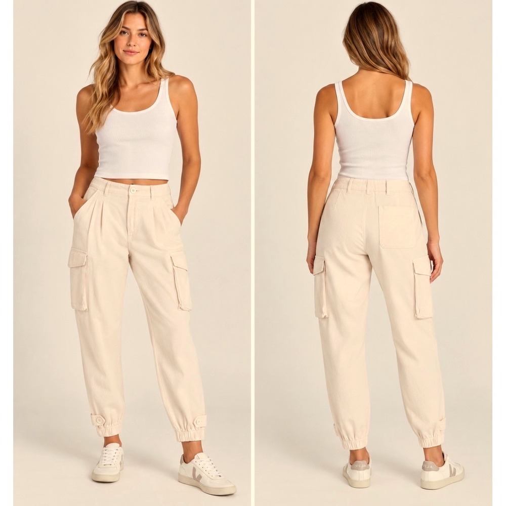 NWT MONROW Utility Cargo Jogger Pants Women's Cream High Rise Tapered Ankle S